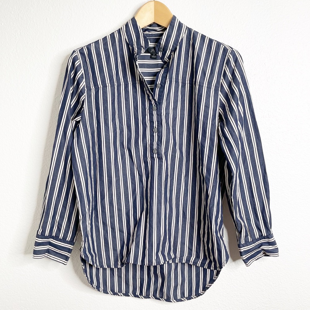 J.Crew Womens Navy Blue White Striped Cotton Popover Shirt Size 2 Long Sleeve